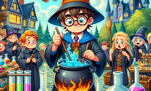 Une illustration pour enfants représentant un sorcier maladroit qui crée par accident une potion magique ensorcelante et amusante, dans son laboratoire.