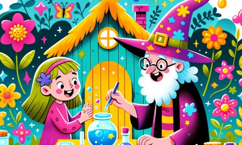 Une illustration pour enfants représentant une apprentie sorcière, qui fabrique une potion magique dans sa cabane au fond de son jardin, avant de rencontrer une mentor excentrique et d'aller à la grande fête des sorciers.