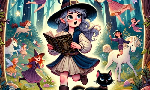 Une illustration pour enfants représentant une apprentie sorcière, à la recherche du livre de sorts magiques légendaire, dans un village au milieu de la forêt enchantée.