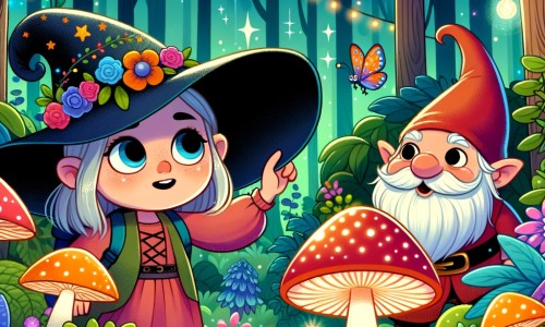 Une illustration destinée aux enfants représentant une apprentie sorcière pleine de curiosité, accompagnée d'un lutin farceur, explorant une forêt enchantée remplie de champignons lumineux et de plantes aux couleurs éclatantes.