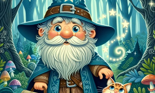 Une illustration destinée aux enfants représentant un sorcier maladroit et sympathique, accompagné d'un chat magique, dans une forêt dense et mystérieuse, où ils vivent des aventures ensorcelantes et amusantes.