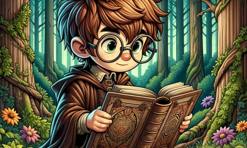 Une illustration pour enfants représentant un jeune apprenti sorcier, découvrant un grimoire mystérieux, dans un village reculé au cœur d'une forêt enchantée.