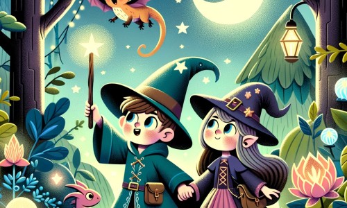 Une illustration destinée aux enfants représentant un apprenti sorcier intrépide, accompagné d'une sorcière espiègle, se retrouvant dans une forêt enchantée aux arbres touffus, aux fleurs lumineuses et aux créatures fantastiques.