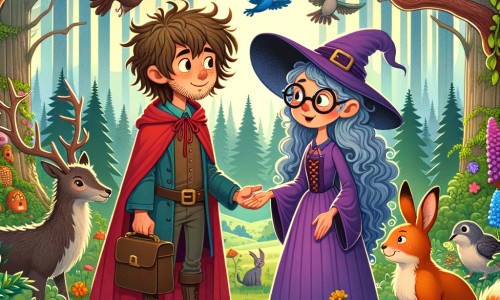 Une illustration pour enfants représentant un jeune apprenti sorcier en cape rouge, qui rencontre une sorcière excentrique dans une forêt ensorcelante.