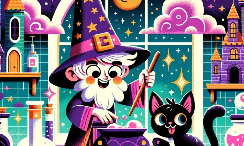 Une illustration pour enfants représentant un sorcier farceur concoctant une potion magique dans sa maison enchantée.