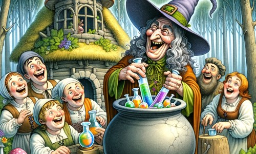 Une illustration destinée aux enfants représentant une sorcière excentrique créant des potions magiques hilarantes, accompagnée de villageois rieurs, dans une maison champignon au cœur d'une forêt enchantée.