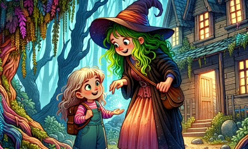 Une illustration pour enfants représentant une apprentie sorcière qui découvre la magie avec une sorcière excentrique dans une maison en ruines au cœur de la forêt.