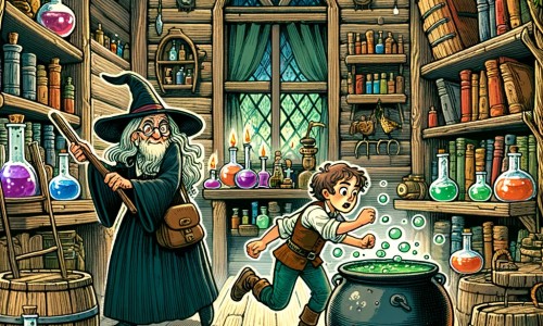 Une illustration pour enfants représentant une apprentie sorcière courageuse qui doit récupérer un cristal magique volé par un sorcier méchant, dans une forêt mystérieuse.