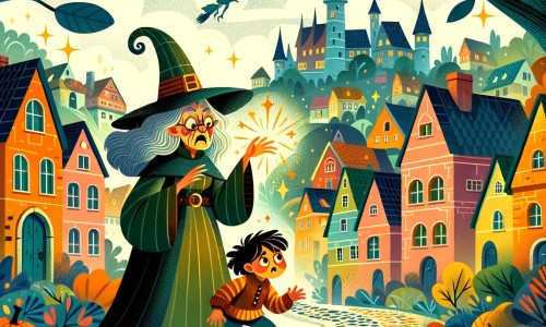 Une illustration destinée aux enfants représentant une sorcière excentrique découvrant un mystère avec l'aide d'un jeune garçon dans un village magique rempli de maisons colorées, de rues pavées sinueuses et d'arbres aux feuilles chatoyantes.