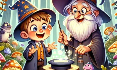 Une illustration pour enfants représentant un jeune apprenti sorcier passionné de magie qui rencontre une sorcière excentrique dans une forêt enchantée.