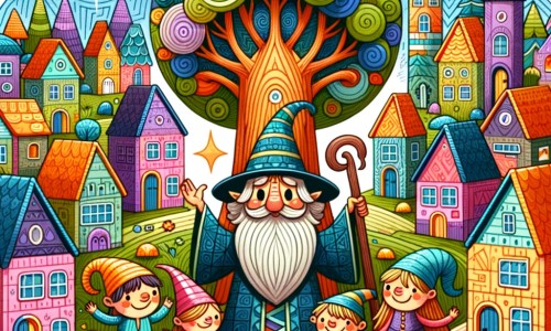 Une illustration destinée aux enfants représentant un sorcier farfelu, accompagné d'un arbre géant et de villageois joyeux, dans un petit village enclavé au milieu d'un univers fantastique rempli de couleurs vives et de maisons aux toits pointus.
