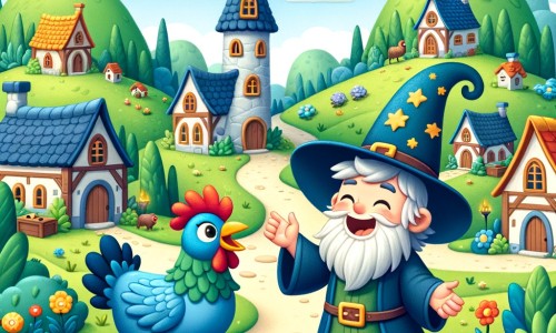 Une illustration destinée aux enfants représentant un joyeux sorcier, vivant une journée mouvementée, accompagné d'une poule bleue parlante, dans un village magique entouré de collines verdoyantes et de maisons colorées aux toits en forme de chapeau pointu.
