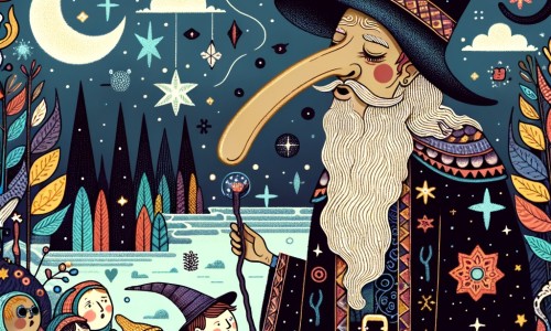 Une illustration pour enfants représentant un sorcier au nez qui grandit, confronté à une malédiction magique, dans un pays enchanté rempli de mystères.
