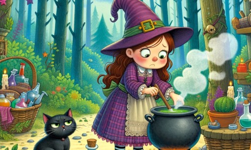 Une illustration destinée aux enfants représentant une sorcière maladroite qui prépare une potion magique dans une forêt enchantée, avec son chat noir soupirant à ses côtés.