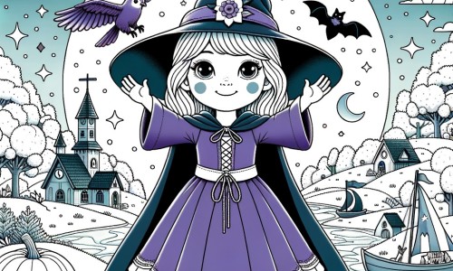Une illustration pour enfants représentant une apprentie sorcière vivant des aventures magiques et amusantes dans le monde enchanté de Magikaland.