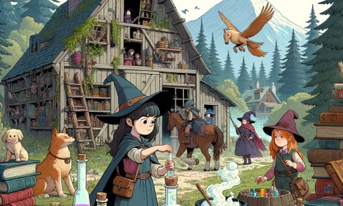 Une illustration pour enfants représentant une apprentie sorcière découvrant un ancien repaire de sorcellerie dans une grange abandonnée, déclenchant ainsi une aventure magique.