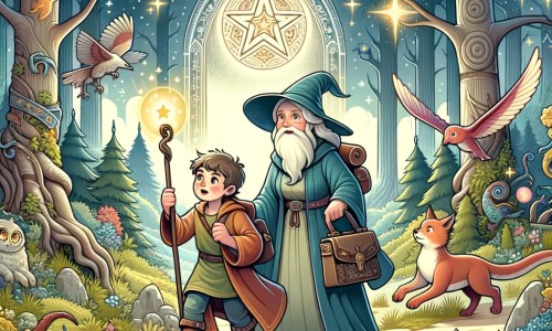 Une illustration destinée aux enfants représentant un jeune apprenti sorcier, plongé dans une quête magique, accompagné d'une mystérieuse vieille femme, à la recherche de la forêt magique, avec ses arbres majestueux, ses créatures fantastiques et sa porte magique ornée d'une icône en forme d'étoile.