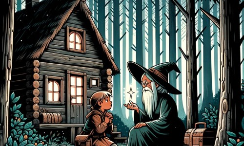 Une illustration destinée aux enfants représentant une apprentie sorcière, plongée dans une aventure magique aux côtés d'une vieille sorcière bienveillante, dans une cabane cachée au cœur d'une forêt dense et mystérieuse.