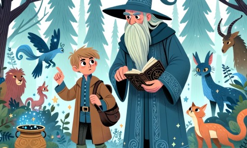 Une illustration destinée aux enfants représentant un jeune sorcier intrépide, accompagné d'un sage vieux sorcier, explorant une forêt enchantée remplie de créatures magiques, à la recherche d'un mystérieux grimoire.