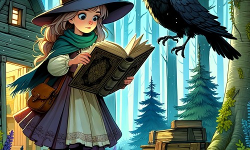 Une illustration destinée aux enfants représentant une jeune sorcière audacieuse découvrant un vieux livre de magie dans une cabane abandonnée, accompagnée de son fidèle corbeau, dans une forêt mystérieuse où les arbres semblent danser avec la brise enchantée.