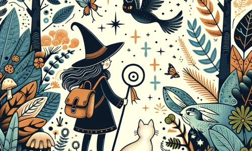 Une illustration destinée aux enfants représentant une sorcière solitaire, en quête de ses pouvoirs magiques perdus, accompagnée d'un chat ailé, dans une forêt enchantée remplie de plantes rares et de créatures magiques.