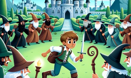 Une illustration destinée aux enfants représentant un jeune sorcier plein de curiosité et de magie, faisant face à une bataille épique contre des sorciers maléfiques, dans un majestueux château de pierre entouré de tours pointues et de jardins verdoyants.