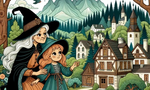 Une illustration destinée aux enfants représentant une apprentie sorcière découvrant un monde magique avec l'aide d'une vieille sorcière, dans un village entouré de forêts verdoyantes et de montagnes majestueuses.