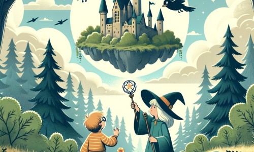 Une illustration destinée aux enfants représentant un jeune sorcier découvrant un château flottant dans les airs, accompagné d'une sorcière bienveillante, dans une clairière magique au cœur d'une forêt dense.