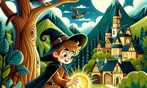 Une illustration destinée aux enfants représentant un jeune sorcier découvrant une boule de feu magique dans une mystérieuse grotte cachée derrière un majestueux arbre, avec comme compagnons un chat noir et une chouette, dans un village entouré de montagnes verdoyantes et d'une forêt enchantée.
