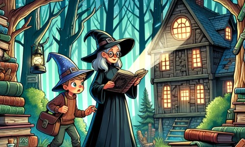 Une illustration pour enfants représentant un jeune sorcier découvrant une vieille maison abandonnée remplie de livres et de potions, dans les bois près de chez lui.