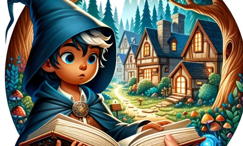 Une illustration pour enfants représentant un jeune sorcier découvrant un livre magique dans un village caché au cœur d'une forêt enchantée.