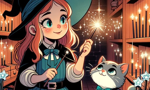 Une illustration destinée aux enfants représentant une apprentie sorcière fascinée par la magie, faisant équipe avec un chat sorcier, dans une petite boutique sombre et étroite remplie de baguettes magiques scintillantes.