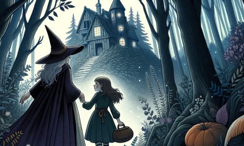 Une illustration destinée aux enfants représentant une apprentie sorcière, plongée dans une aventure fantastique aux côtés d'une vieille sorcière, dans une mystérieuse maison abandonnée, enveloppée par une forêt dense et pleine de secrets.