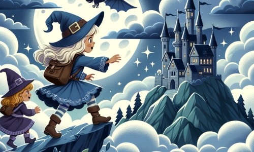 Une illustration destinée aux enfants représentant une apprentie sorcière, plongée dans une aventure magique avec ses amis, dans un château mystérieux situé au sommet d'une montagne entourée de nuages moelleux et illuminé par la lueur argentée de la lune.