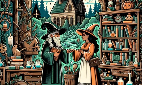 Une illustration destinée aux enfants représentant une apprentie sorcière, plongée dans une aventure magique, accompagnée d'une sorcière bienveillante, dans une vieille maison abandonnée au cœur d'une forêt mystérieuse, remplie de livres, de potions et d'objets étranges.