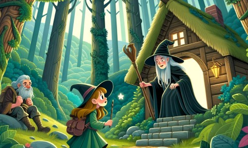 Une illustration destinée aux enfants représentant une jeune sorcière talentueuse qui se retrouve dans une situation périlleuse, accompagnée d'une sorcière plus âgée et sage, dans une cabane cachée au cœur d'une forêt enchantée, entourée de collines verdoyantes et de vastes arbres majestueux.