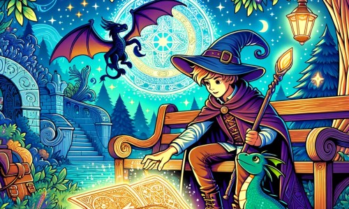 Une illustration destinée aux enfants représentant un jeune apprenti sorcier découvrant un livre magique sous un banc dans un parc enchanté, accompagné de son fidèle dragon, dans un monde rempli de créatures fantastiques et de sortilèges.