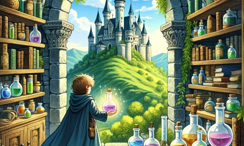 Une illustration destinée aux enfants représentant un jeune apprenti sorcier, doté de pouvoirs magiques, qui découvre une salle secrète remplie de potions et de livres anciens, dans un château majestueux perché sur une colline verdoyante.