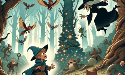 Une illustration destinée aux enfants représentant un jeune apprenti sorcier, confronté à une sorcière maléfique, dans une forêt enchantée avec des arbres géants et des créatures magiques virevoltant autour d'eux.