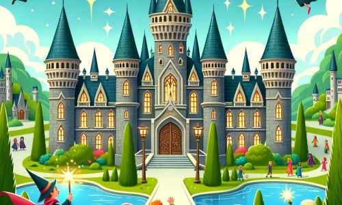 Une illustration destinée aux enfants représentant un jeune sorcier aux pouvoirs incroyables, se lançant dans une aventure palpitante avec ses amis, à l'école de magie de Poudlard, un majestueux château aux tours pointues, entouré de jardins luxuriants et d'un lac scintillant.