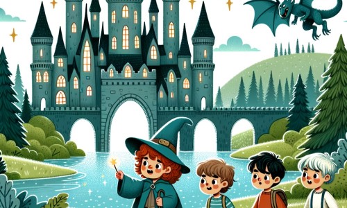 Une illustration destinée aux enfants représentant un jeune sorcier aux cheveux bouclés, accompagné de ses amis, explorant un château magique avec des tours pointues, des fenêtres en arc et des gargouilles, situé au sommet d'une colline verdoyante, entouré d'une forêt mystérieuse et d'un lac scintillant.