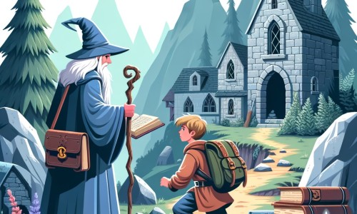 Une illustration pour enfants représentant un jeune apprenti sorcier qui doit récupérer un artefact magique volé par une sorcière maléfique dans une forêt interdite.