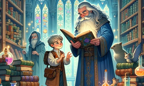 Une illustration destinée aux enfants représentant un jeune sorcier plein de curiosité, découvrant un livre de sorts et de magie dans une forêt enchantée, accompagné du professeur Dumbledore, dans la magnifique bibliothèque de la magie, remplie d'étagères remplies de livres et de potions colorées.