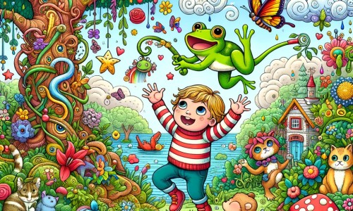 Une illustration destinée aux enfants représentant un petit garçon curieux, transformant le monde en un joyeux chaos loufoque avec l'aide d'une grenouille magique, dans un jardin enchanté rempli de fleurs multicolores et d'animaux rigolos.