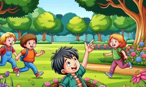 Une illustration destinée aux enfants représentant un petit garçon intrépide se retrouvant dans une situation loufoque et absurde, accompagné de ses amis, dans un parc verdoyant parsemé de fleurs colorées et d'arbres majestueux.