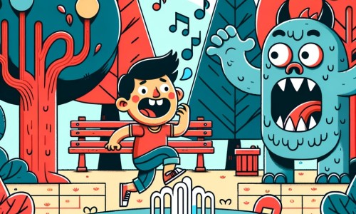 Une illustration destinée aux enfants représentant un petit garçon aventurier, plongé dans une situation loufoque et absurde en compagnie d'un monstre farfelu, dans un parc coloré rempli d'arbres géants, de bancs rouges et d'une fontaine qui chante.