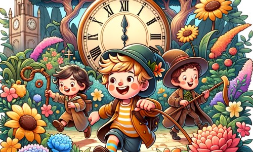 Une illustration pour enfants représentant un petit garçon plein d'imagination se lançant dans une chasse au trésor absurde et loufoque dans son jardin.