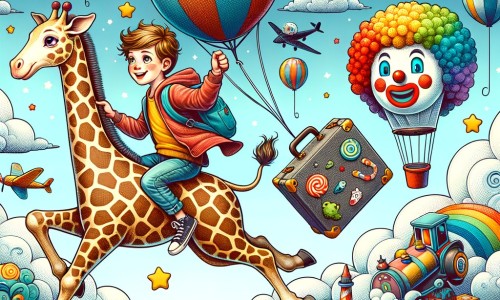 Une illustration pour enfants représentant un petit garçon qui voyage sur une valise magique volante à travers les nuages, atterrissant sur une île flottante remplie de jouets géants.