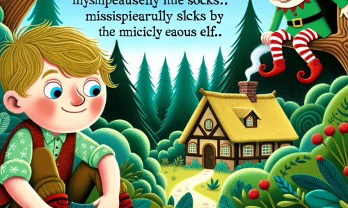 Une illustration pour enfants représentant un petit garçon intrigué par la disparition de ses chaussettes dans une maisonnette cachée au cœur d'une forêt enchantée.