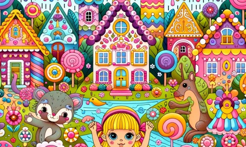 Une illustration pour enfants représentant une petite fille aux cheveux blonds, plongée dans une aventure loufoque et absurde dans un monde magique.